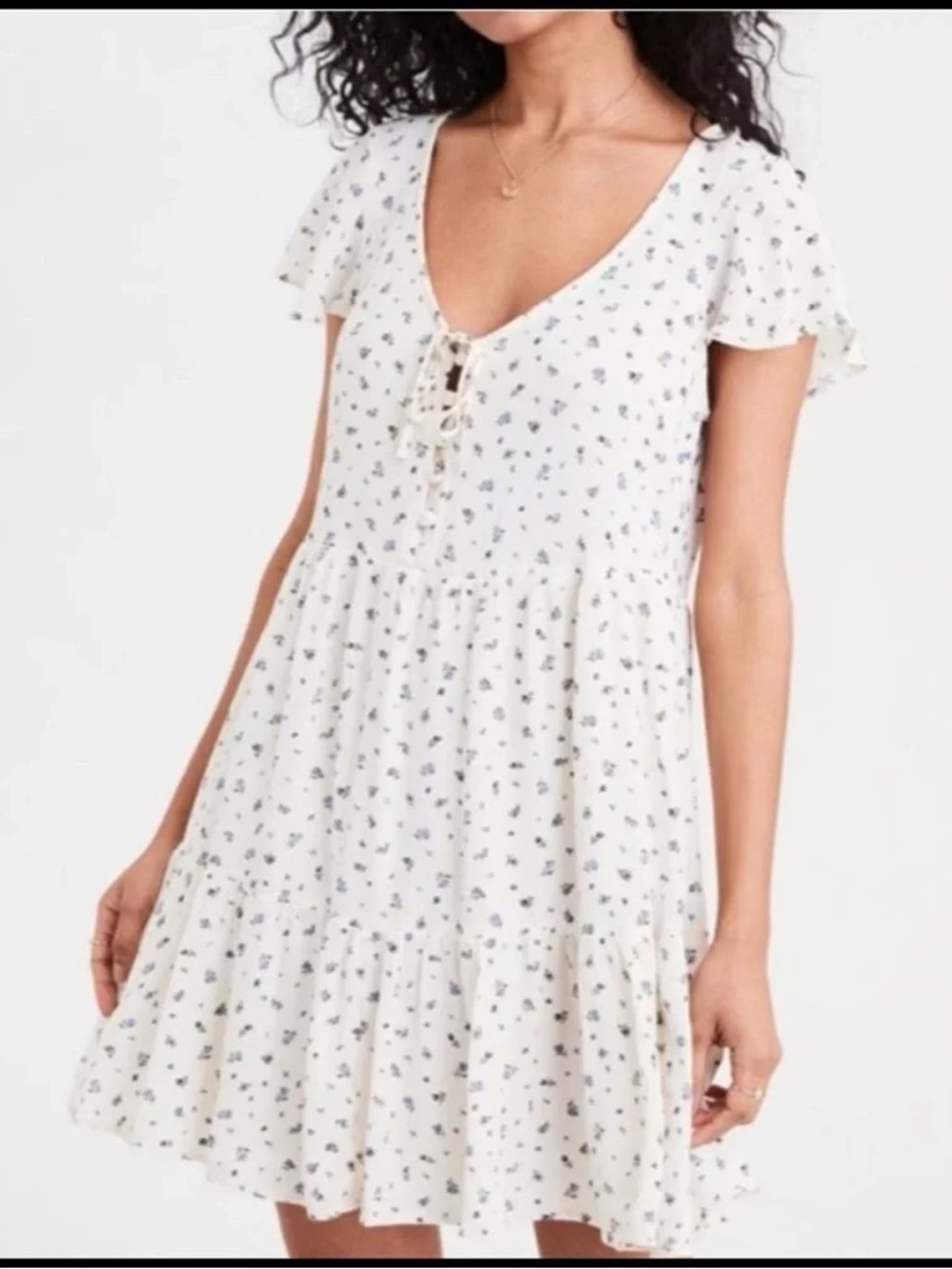 American Eagle Outfitters Cream Mini Dress with Blue Floral Print